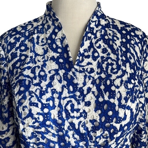 Chico's Women’s Cotton Eyelet Open Front Jacket Cardigan White/Blue Size L - Picture 3 of 13